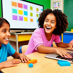 **Image Prompt:** A group of young children (ages 8-12) are gathered around computers in a bright, modern classroom. They are excitedly dragging and dropping colorful blocks on the screen, creating animations in Scratch. A teacher is smiling and offering guidance. The atmosphere is energetic and collaborative. Style: Cartoonish, vibrant colors.