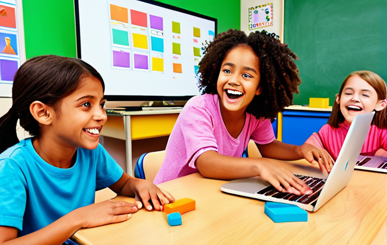 **Image Prompt:** A group of young children (ages 8-12) are gathered around computers in a bright, modern classroom. They are excitedly dragging and dropping colorful blocks on the screen, creating animations in Scratch. A teacher is smiling and offering guidance. The atmosphere is energetic and collaborative. Style: Cartoonish, vibrant colors.