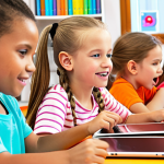 **Image:** Children playfully learning to code with Scratch. Focus on a bright, colorful classroom setting with Dutch children interacting with computers or tablets. The atmosphere should be fun and engaging.