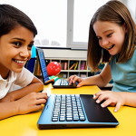 A vibrant, inspiring scene in a modern coding workshop for children. A diverse group of cheerful kids, aged 8-12, are actively engaged in hands-on learning. A passionate, encouraging instructor (30s-40s, female) guides them with a warm smile. One child is focused on a laptop displaying colorful visual programming blocks (like Scratch), another is intently connecting components of a small physical computing device (resembling a Micro:bit project), and two others are collaborating to solve a coding puzzle together. The room is filled with natural light, showing a mix of digital and tangible learning tools, emphasizing curiosity and fun.