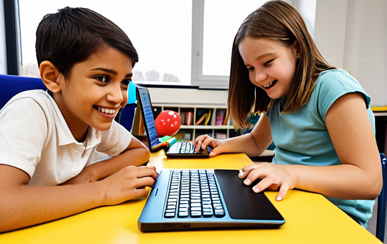 A vibrant, inspiring scene in a modern coding workshop for children. A diverse group of cheerful kids, aged 8-12, are actively engaged in hands-on learning. A passionate, encouraging instructor (30s-40s, female) guides them with a warm smile. One child is focused on a laptop displaying colorful visual programming blocks (like Scratch), another is intently connecting components of a small physical computing device (resembling a Micro:bit project), and two others are collaborating to solve a coding puzzle together. The room is filled with natural light, showing a mix of digital and tangible learning tools, emphasizing curiosity and fun.