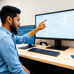 A professional coding teacher, mid-thirties, diverse ethnicity, wearing a modest business casual outfit, stands in a modern, brightly lit university computer lab. They are pointing to a code snippet on a large screen, actively engaging with two seated students (also fully clothed, diverse, and attentive) who are looking at their own laptops. The teacher has an encouraging expression, fostering a collaborative learning environment. The background shows other students working at their desks, with whiteboards displaying algorithms. The scene emphasizes innovation and a problem-solving mindset. safe for work, appropriate content, fully clothed, professional, perfect anatomy, correct proportions, natural pose, well-formed hands, proper finger count, natural body proportions, high quality, professional photography.