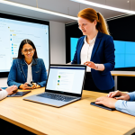 A diverse group of professional individuals, including a female coding coach and her adult students, engaged in a collaborative learning session in a bright, modern EdTech co-working space in the Netherlands. They are fully clothed in modest, professional business casual attire. The coach is actively guiding a student over a laptop, while others discuss code on a large interactive screen. The scene emphasizes teamwork, problem-solving, and critical thinking. The background features contemporary office furniture and subtle Dutch design elements, reflecting innovation in education. Safe for work, appropriate content, fully clothed, professional, perfect anatomy, correct proportions, natural pose, well-formed hands, proper finger count, natural body proportions, professional photography, high quality.