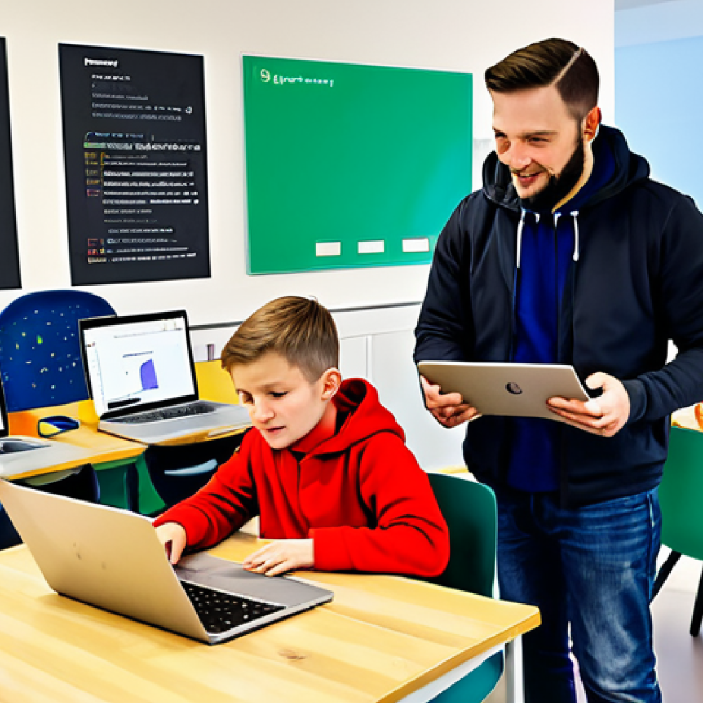 **
"A bright and colorful illustration of children in a fully clothed coding class in Amsterdam. They are using laptops and tablets to learn to code, with a friendly instructor helping them. The scene is safe for work, appropriate content, and family-friendly. The classroom is modern and well-equipped, with posters about STEM subjects on the walls. Perfect anatomy, correct proportions, natural pose, well-formed hands, proper finger count, natural body proportions, professional."
**