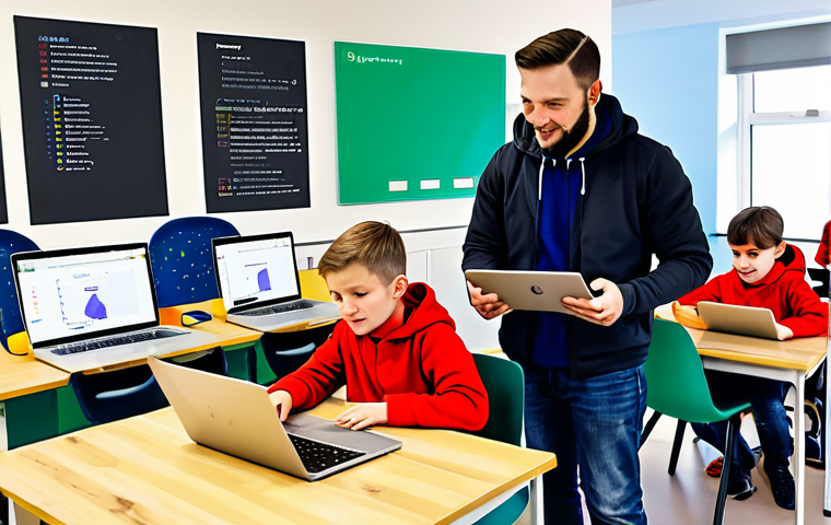 **

"A bright and colorful illustration of children in a fully clothed coding class in Amsterdam. They are using laptops and tablets to learn to code, with a friendly instructor helping them. The scene is safe for work, appropriate content, and family-friendly. The classroom is modern and well-equipped, with posters about STEM subjects on the walls. Perfect anatomy, correct proportions, natural pose, well-formed hands, proper finger count, natural body proportions, professional."

**