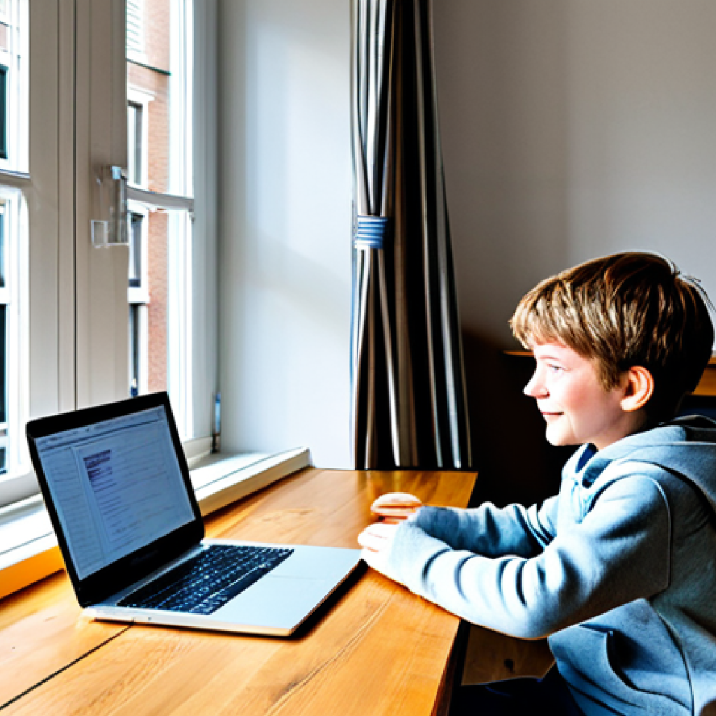 A Young Student Coding in a Cozy Dutch Setting**

A young student, around 10 years old, fully clothed in comfortable, casual clothes, sitting at a wooden desk in a bright, cheerful room. The room features a large window overlooking a typical Dutch canal house street scene with bicycles parked outside. The student is focused on a laptop displaying Scratch programming blocks.  Colorful posters with code snippets and inspirational quotes decorate the walls.  Safe for work, appropriate content, family-friendly, professional, perfect anatomy, natural proportions, well-formed hands, proper finger count, high quality, learning environment.

**