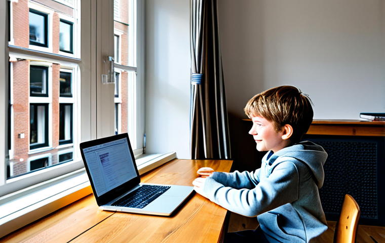A Young Student Coding in a Cozy Dutch Setting**

A young student, around 10 years old, fully clothed in comfortable, casual clothes, sitting at a wooden desk in a bright, cheerful room. The room features a large window overlooking a typical Dutch canal house street scene with bicycles parked outside. The student is focused on a laptop displaying Scratch programming blocks.  Colorful posters with code snippets and inspirational quotes decorate the walls.  Safe for work, appropriate content, family-friendly, professional, perfect anatomy, natural proportions, well-formed hands, proper finger count, high quality, learning environment.

**
