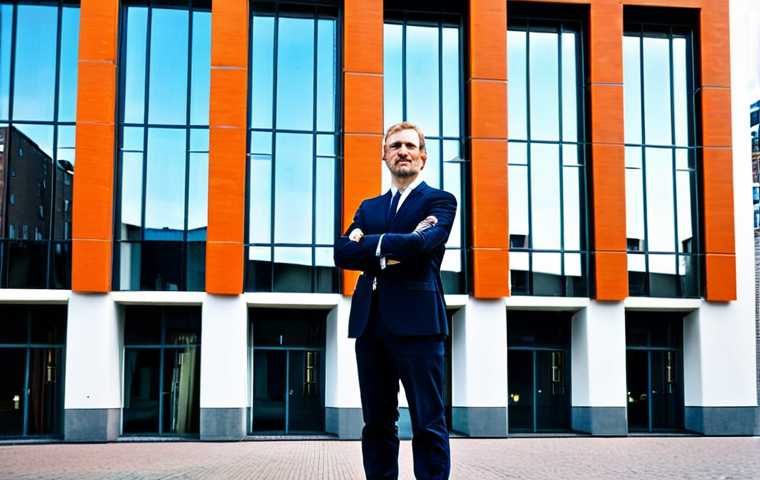 **Professional Dutch Architect:** A fully clothed, professional architect in appropriate attire standing in front of a modern building in Amsterdam, Netherlands. Safe for work, perfect anatomy, natural pose, professional photography, high quality.