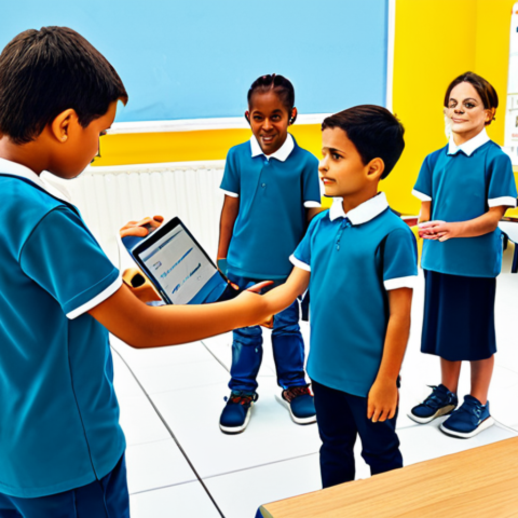 Rollenspel Simulatie**
"A group of fully clothed, diverse children engaging in a coding role-play activity in a bright classroom. One child acts as a 'robot' following instructions from others who are giving coding commands. Modest clothing, appropriate attire. Safe for work, family-friendly. Perfect anatomy, natural proportions, well-formed hands, proper finger count. Illustrative style, vibrant colors."
**