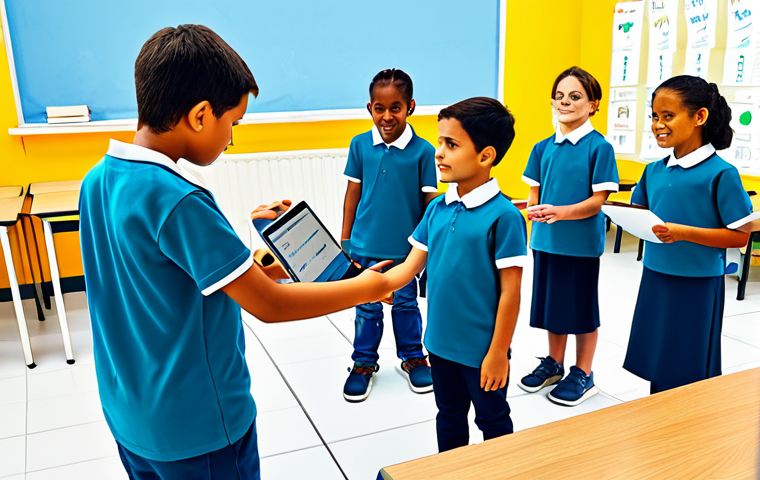 Rollenspel Simulatie**
"A group of fully clothed, diverse children engaging in a coding role-play activity in a bright classroom. One child acts as a 'robot' following instructions from others who are giving coding commands. Modest clothing, appropriate attire. Safe for work, family-friendly. Perfect anatomy, natural proportions, well-formed hands, proper finger count. Illustrative style, vibrant colors."
**