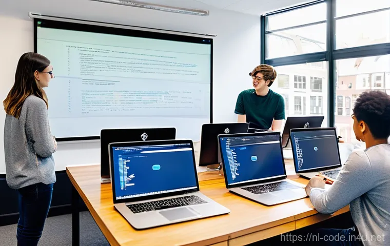 코딩교육지도사와 학습 자료 분석 사례 - "A vibrant, modern classroom set in Amsterdam, filled with diverse students (aged 18-25) actively le...