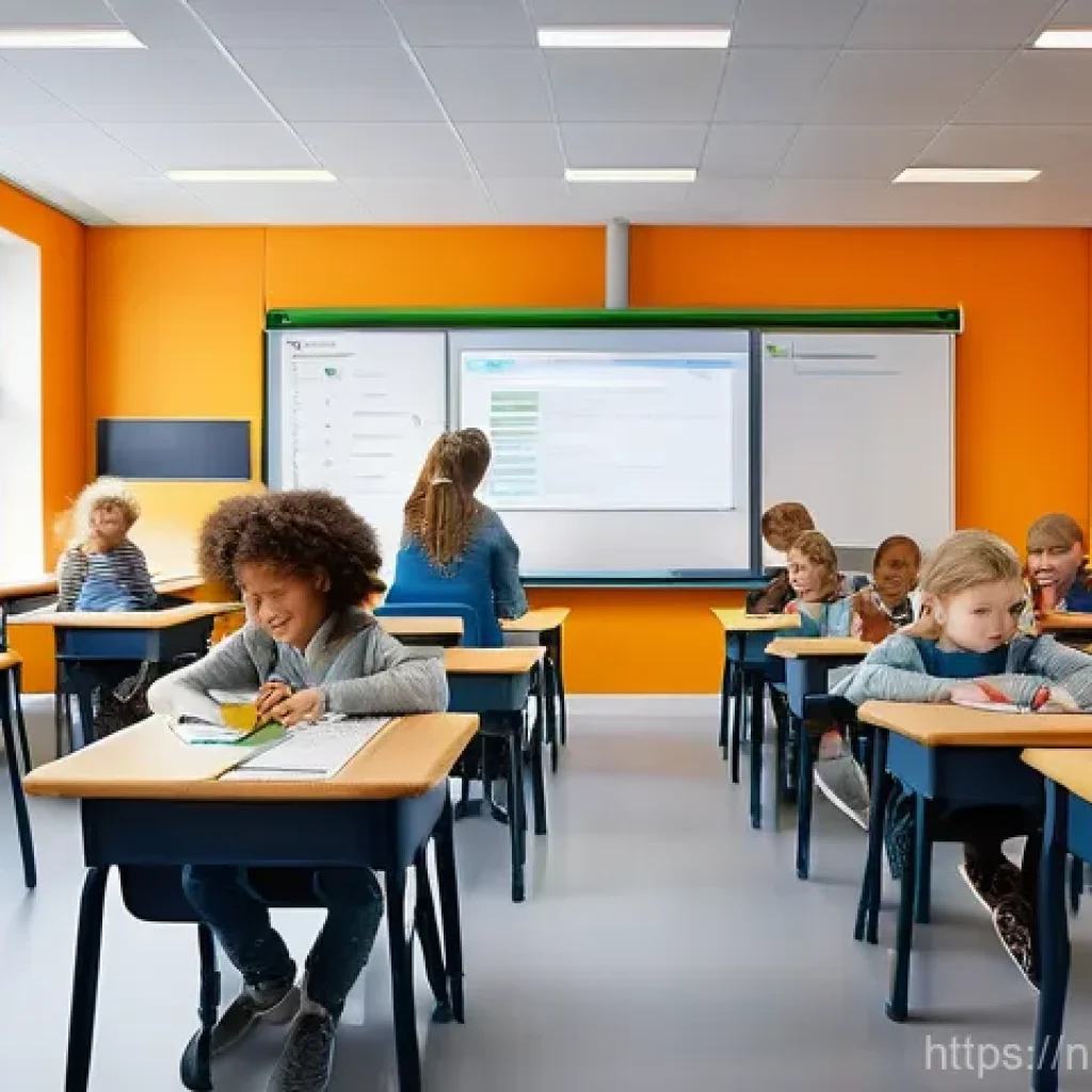 코딩교육지도사와 학습 지원 사례 - **Prompt:** A brightly lit, modern coding classroom in a Dutch city, filled with cheerful and divers...