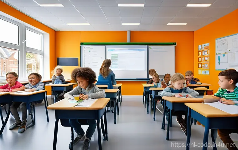 코딩교육지도사와 학습 지원 사례 - **Prompt:** A brightly lit, modern coding classroom in a Dutch city, filled with cheerful and divers...