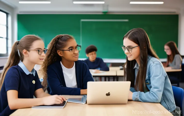 코딩교육지도사와 강의 스킬 개발 방법 - **Empathic Coding Instructor in a Diverse Classroom:** A warm and inviting image of a diverse group ...
