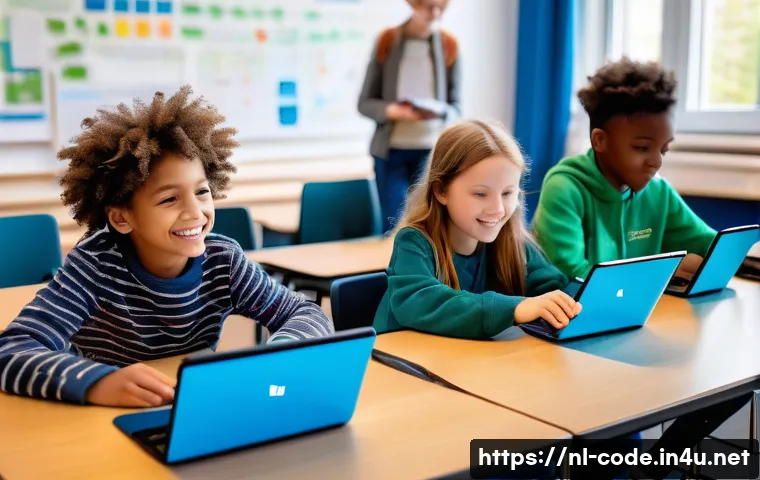 코딩교육지도사와 데이터 시각화 수업 사례 - **Prompt:** A group of diverse Dutch children, aged 8-12, are joyfully engaged in a vibrant coding w...