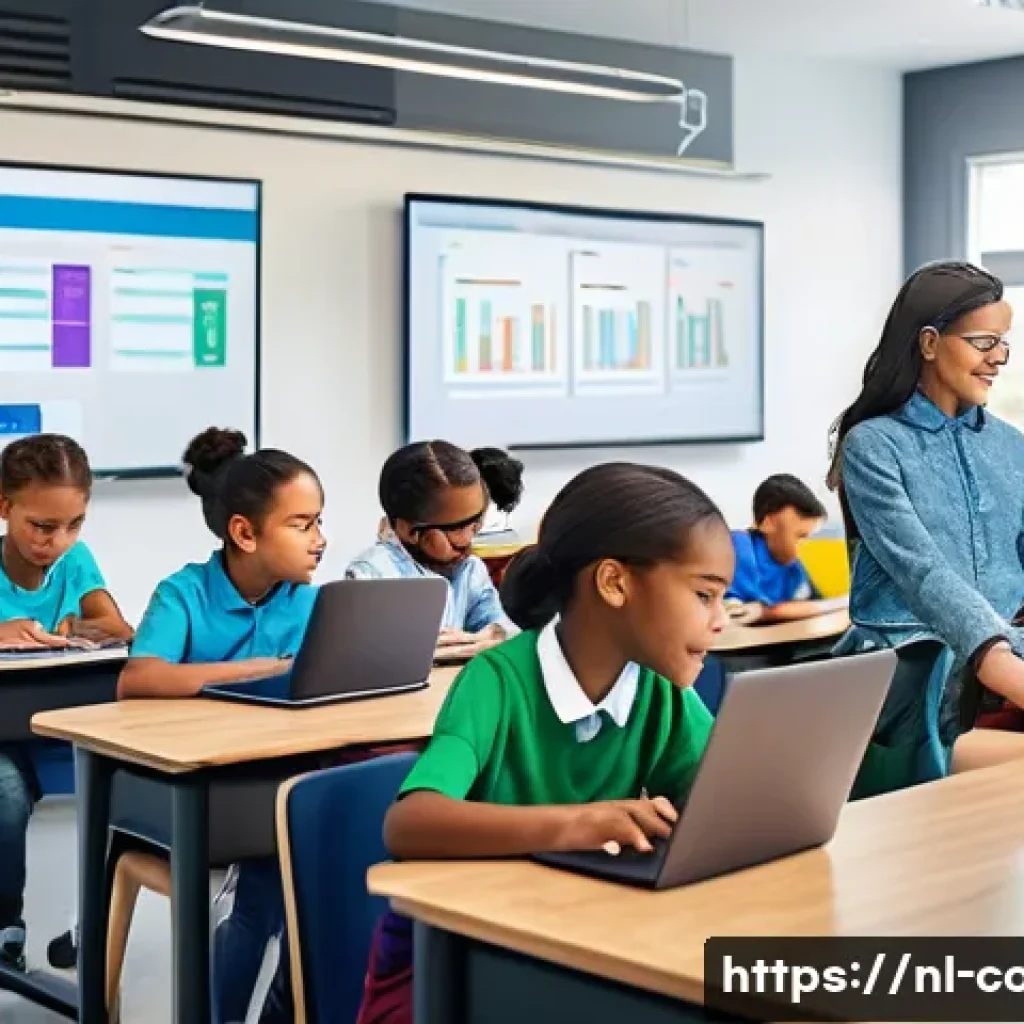 코딩교육지도사 자격증 독학 팁 - A vibrant and modern classroom scene with a diverse group of young students, including children wear...