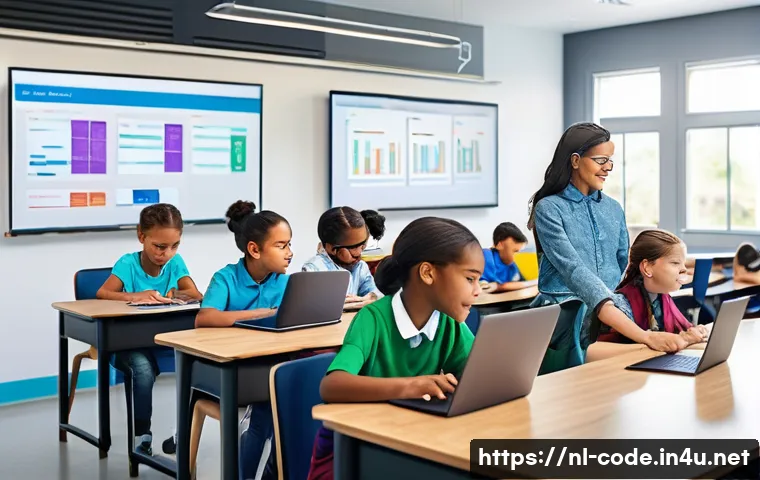 코딩교육지도사 자격증 독학 팁 - A vibrant and modern classroom scene with a diverse group of young students, including children wear...