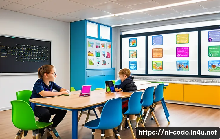 코딩교육지도사와 다양한 코딩 언어 비교 - A modern coding classroom in the Netherlands featuring a diverse group of children aged 8-12 wearing...