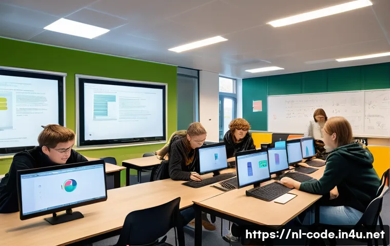 코딩교육지도사와 학습 평가 사례 - A modern classroom scene in the Netherlands with diverse students aged around 15-18 learning program...