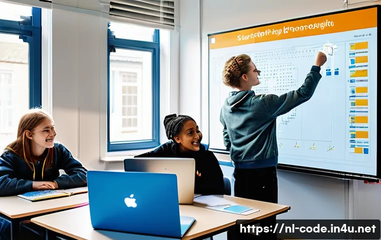 코딩교육지도사와 프로젝트 수업 준비법 - A modern classroom scene in the Netherlands with a diverse group of teenage students collaborating o...