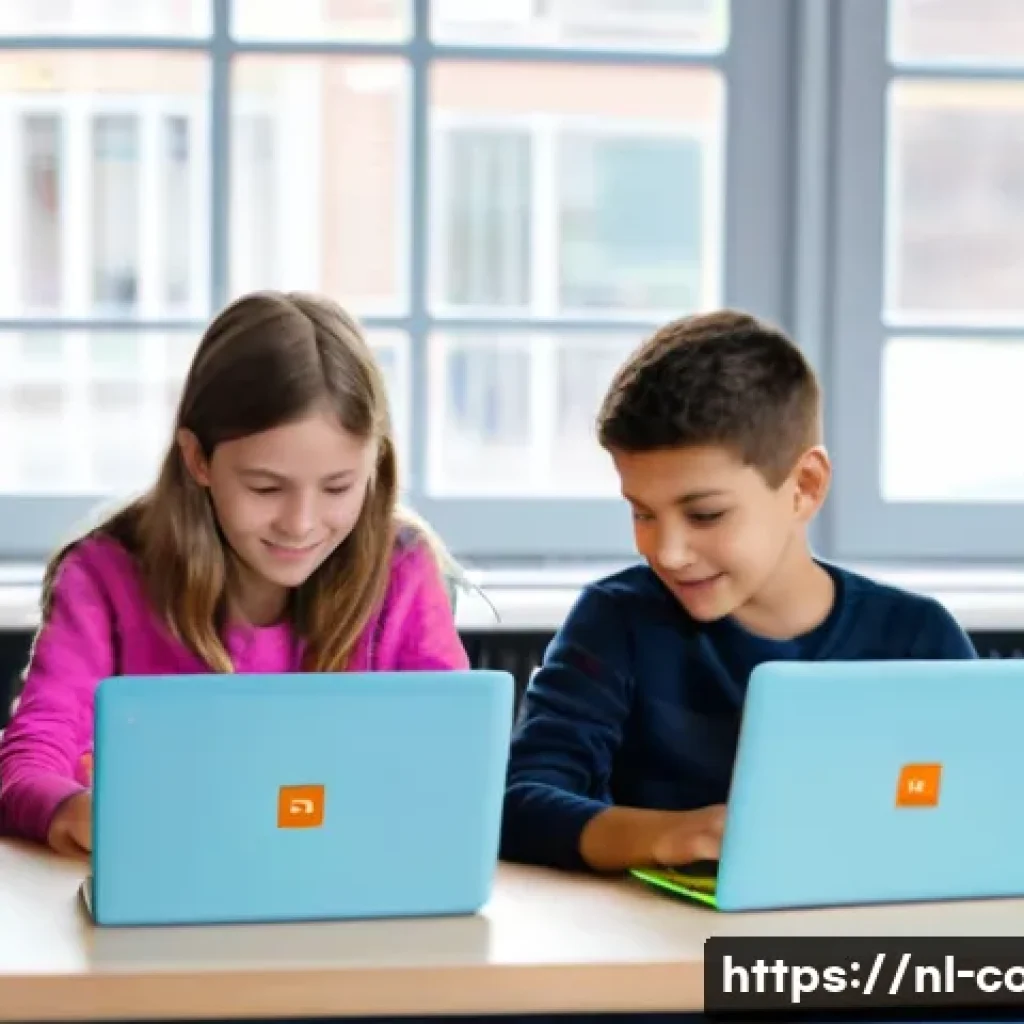 코딩교육지도사와 초보자를 위한 커리큘럼 - A bright, modern Dutch classroom setting where young students aged around 10-12 are enthusiastically...