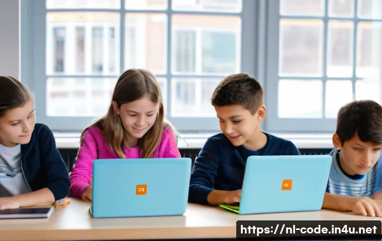 코딩교육지도사와 초보자를 위한 커리큘럼 - A bright, modern Dutch classroom setting where young students aged around 10-12 are enthusiastically...