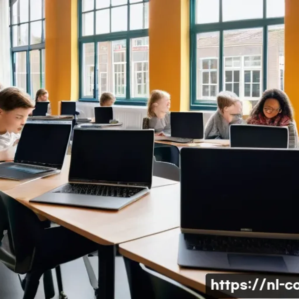 코딩교육지도사로서 AI 교육 활용 사례 - A modern classroom scene in the Netherlands featuring diverse Dutch students aged around 15-18 worki...