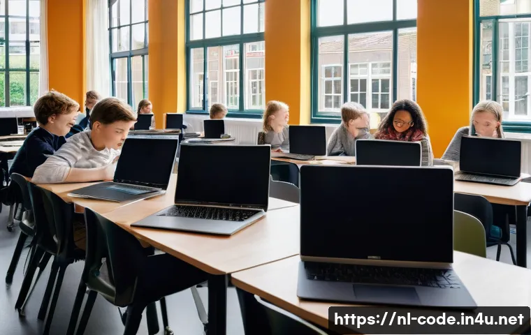 코딩교육지도사로서 AI 교육 활용 사례 - A modern classroom scene in the Netherlands featuring diverse Dutch students aged around 15-18 worki...