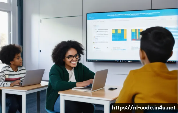 코딩교육지도사로서 초보 강사에게 주는 조언 - A diverse classroom scene in a modern Dutch school, showing a coding teacher attentively listening t...