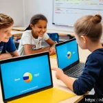 Home 22 코딩교육지도사와 학습 경험 디자인 - A modern classroom in the Netherlands filled with diverse children aged around 10-12, actively engag...