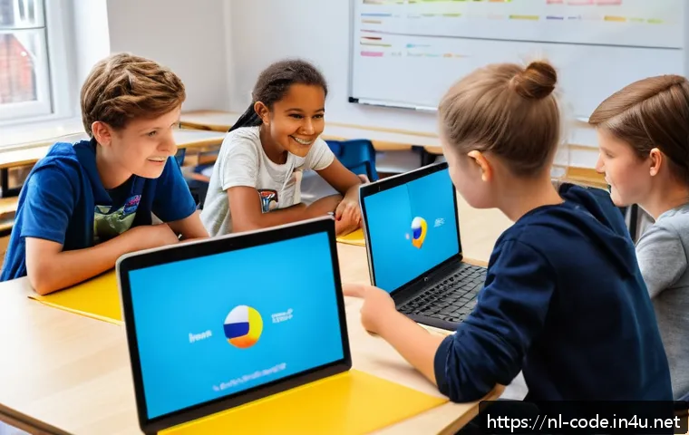 코딩교육지도사와 학습 경험 디자인 - A modern classroom in the Netherlands filled with diverse children aged around 10-12, actively engag...