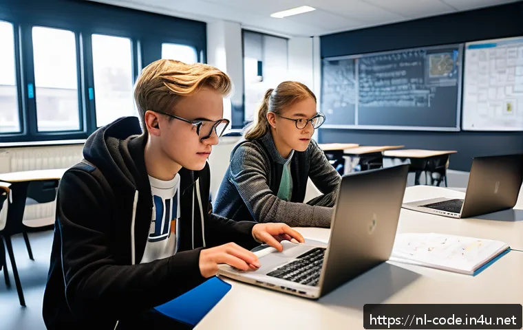 코딩교육지도사로서 교육 효과 측정 방법 - A modern classroom scene in the Netherlands featuring diverse Dutch students aged around 15-18 worki...
