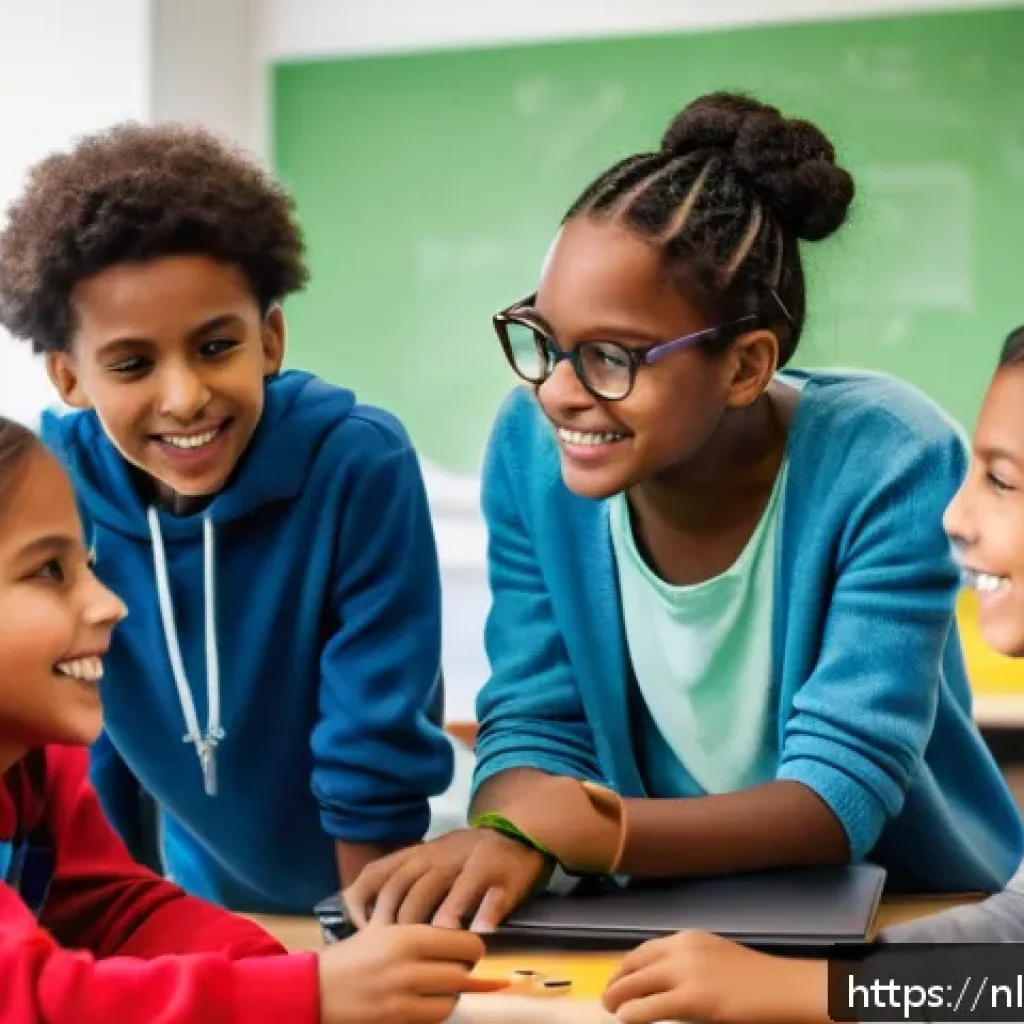 코딩교육지도사 업무에서의 성취감 - A diverse group of Dutch children aged 8-12 gathered around a computer in a bright classroom, enthus...