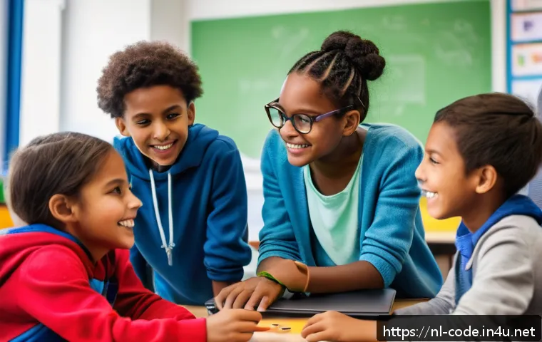 코딩교육지도사 업무에서의 성취감 - A diverse group of Dutch children aged 8-12 gathered around a computer in a bright classroom, enthus...