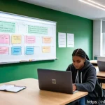 Home 18 코딩교육지도사와 강의 후 피드백 분석 - A modern, bright classroom setting in the Netherlands with diverse young adult students sitting at d...