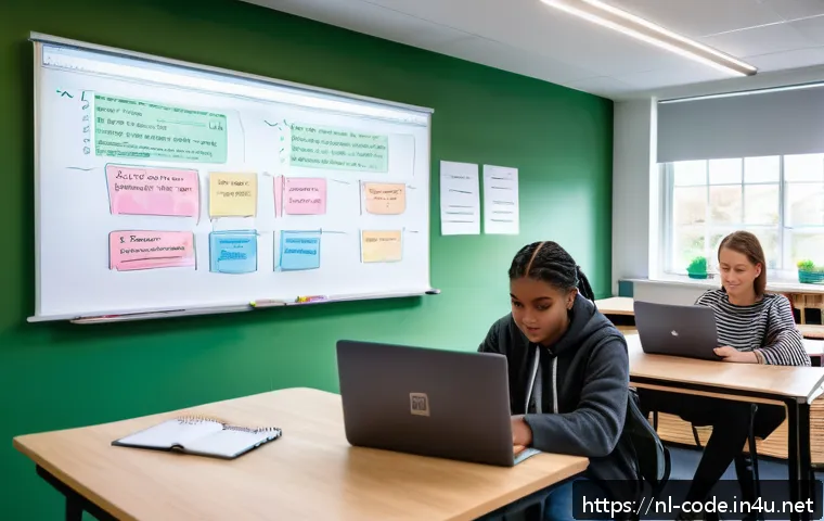 코딩교육지도사와 강의 후 피드백 분석 - A modern, bright classroom setting in the Netherlands with diverse young adult students sitting at d...