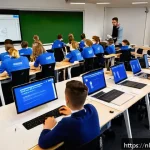 Home 23 코딩교육지도사로서 수업 계획서 작성 - A modern classroom scene in the Netherlands, featuring a diverse group of enthusiastic students acti...