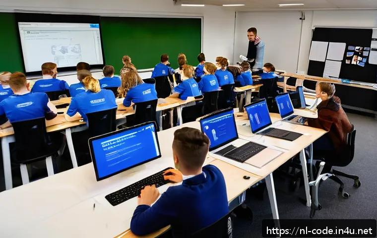 코딩교육지도사로서 수업 계획서 작성 - A modern classroom scene in the Netherlands, featuring a diverse group of enthusiastic students acti...