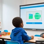코딩교육지도사 직업 전망 및 변화 - A modern Dutch classroom scene with a diverse group of children aged 8-12 engaged in coding activiti...