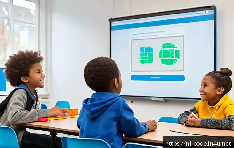 코딩교육지도사 직업 전망 및 변화 - A modern Dutch classroom scene with a diverse group of children aged 8-12 engaged in coding activiti...