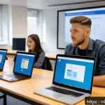 코딩교육지도사와 학습 지원 도구 사례 - A professional digital skills coach in a modern Dutch classroom setting, guiding a diverse group of ...