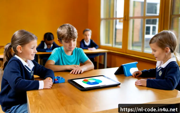 코딩교육지도사와 교육 효과 측정 도구 - Photorealistic Dutch primary school coding classroom, a friendly educator guiding diverse children a...