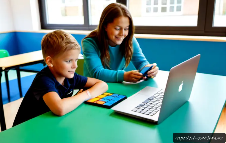 Home 17 코딩교육지도사와 기초 컴퓨터 과학 교육 - Photorealistic Dutch primary school classroom, a friendly coding education instructor guiding a smal...