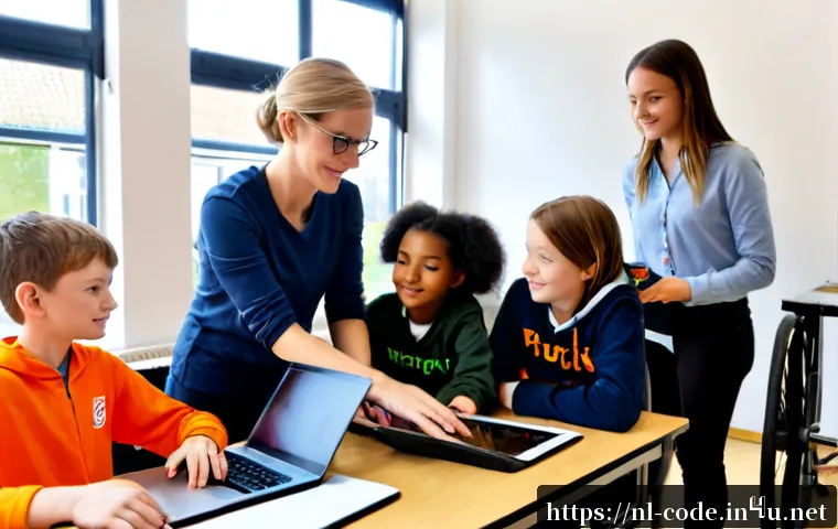 Home 17 코딩교육지도사와 교육 정책 분석 사례 - Photorealistic Dutch coding education instructor guiding a small group of diverse secondary-school s...