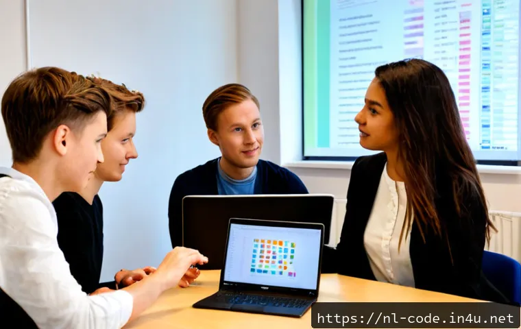 코딩교육지도사와 데이터 시각화 교육 - Photorealistic Dutch coding education instructor guiding a small group of adult learners in a bright...
