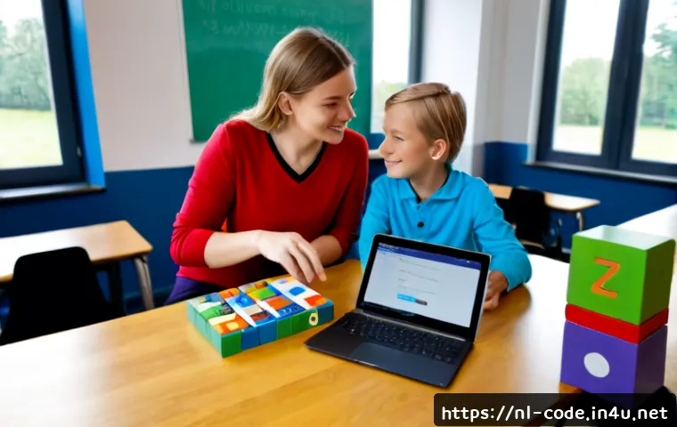 Home 17 코딩교육지도사 커리큘럼 개발 팁 - Photorealistic Dutch primary school classroom, a coding education instructor collaboratively plannin...